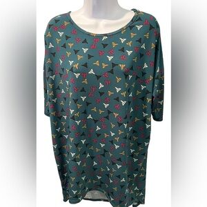Lula Roe Green Multi-colored airplane design short sleeve top